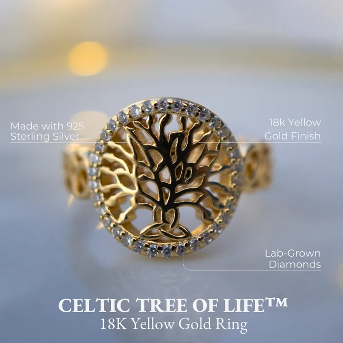 Celtic Tree of Life 18K Yellow Gold Diamond Ring Celtic Knot Jewellery Rings