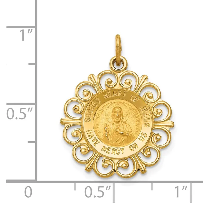 Charm Necklaces Qgold 14k Yellow Gold 18 mm Sacred Heart of Jesus Medal Charm 131 grams