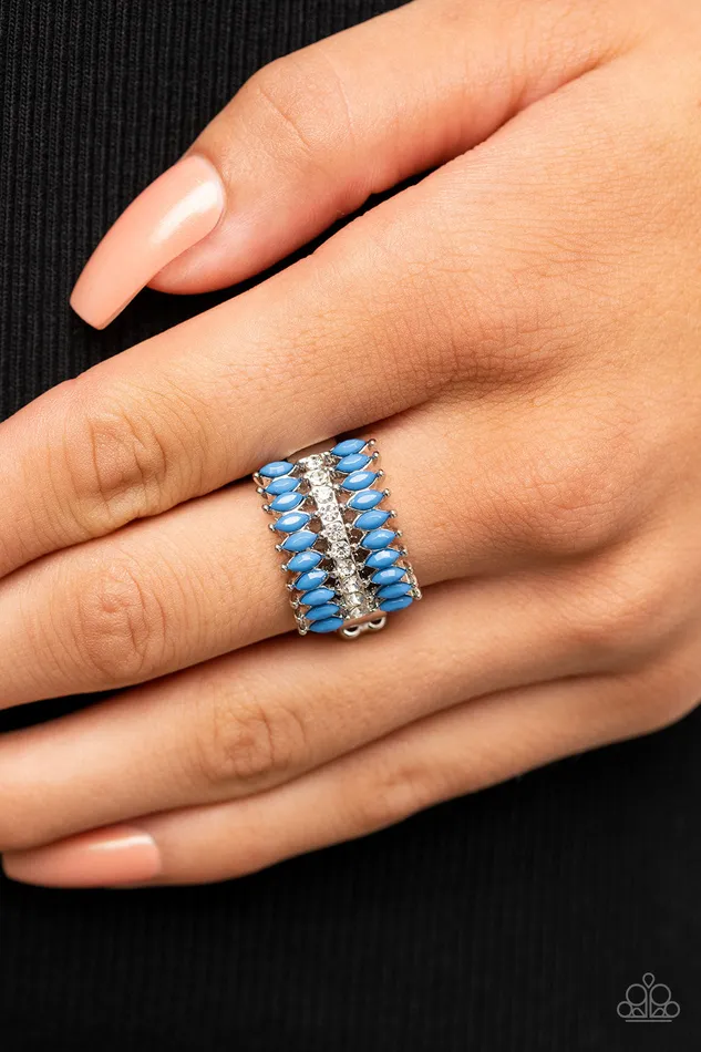 Cinematic Couture Blue Beads White Rhinestone Silver Ring Paparazzi Paparazzi Accessories Rings