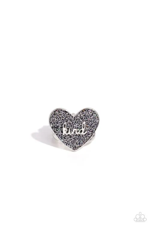 Compassionate Couture Black Iridescent Glitter Kind Affirmation Silver Heart Ring Paparazzi Paparazzi Accessories Rings Compassionate Couture Black Iridescent Glitter Kind Affirmation Silver Heart Ring Paparazzi Paparazzi Accessories Rings