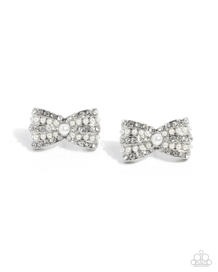Earrings Adorable Aria White Pearl Rhinestone Silver Bow Post Earrings Paparazzi Paparazzi Accessories Earrings Adorable Aria White Pearl Rhinestone Silver Bow Post Earrings Paparazzi Paparazzi Accessories