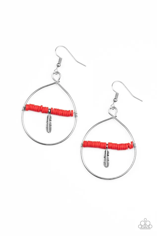 Earrings Free Bird Freedom Red Disc Silver Feather Earrings Paparazzi Paparazzi Accessories