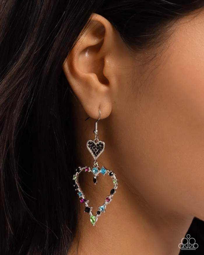 Earrings Paparazzi Accessories Parallel Passion Black and Multi Color Rhinestone Silver Heart Earrings Paparazzi