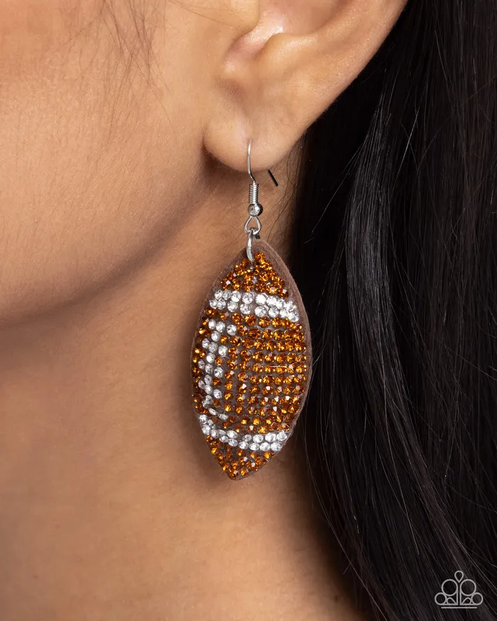 Earrings Paparazzi Accessories Thrilling Touchdown Brown Rhinestone Football Sports Earrings Paparazzi