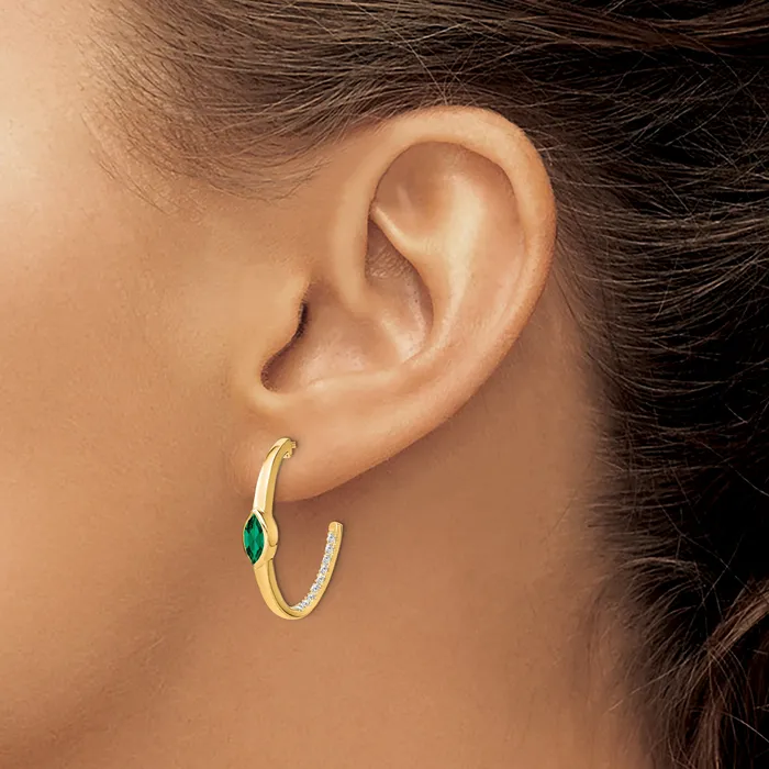 Earrings Qgold 14k Marquise Created Emerald and Diamond Jhoop Earrings 34 grams
