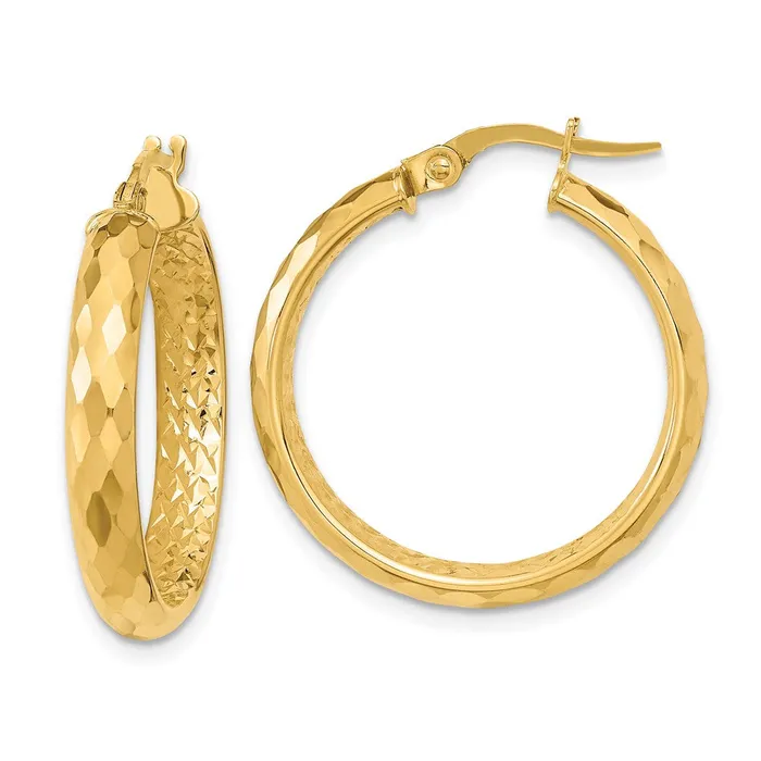 Earrings Qgold 14k Yellow Gold 2414 mm Polished and Textured Diamondcut Inside Fancy Hoop Earrings 203 grams