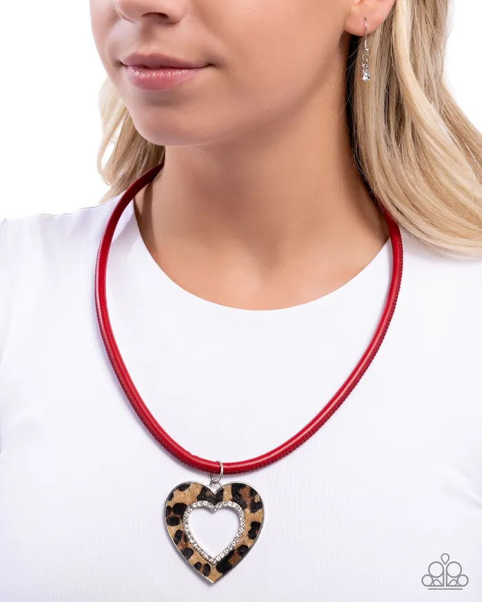 Ferocious Flirt Red Cord Cheetah Animal Print Heart Short Necklace Paparazzi Paparazzi Accessories Necklaces
