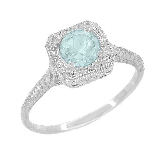 Filigree Scrolls Engraved Aquamarine Engagement Ring in 14 Karat White Gold Antique Jewelry Mall Rings Filigree Scrolls Engraved Aquamarine Engagement Ring in 14 Karat White Gold Antique Jewelry Mall Rings