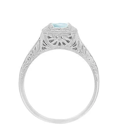 Filigree Scrolls Engraved Aquamarine Engagement Ring in 14 Karat White Gold Antique Jewelry Mall Rings Filigree Scrolls Engraved Aquamarine Engagement Ring in 14 Karat White Gold Antique Jewelry Mall Rings