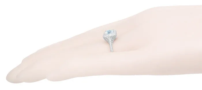 Filigree Scrolls Engraved Aquamarine Engagement Ring in 14 Karat White Gold Antique Jewelry Mall Rings Filigree Scrolls Engraved Aquamarine Engagement Ring in 14 Karat White Gold Antique Jewelry Mall Rings