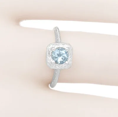 Filigree Scrolls Engraved Aquamarine Engagement Ring in 14 Karat White Gold Antique Jewelry Mall Rings Filigree Scrolls Engraved Aquamarine Engagement Ring in 14 Karat White Gold Antique Jewelry Mall Rings