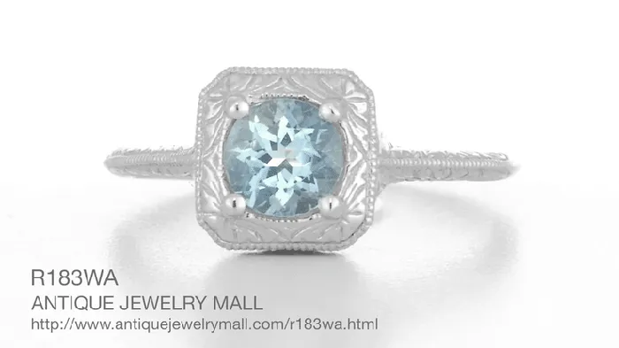Filigree Scrolls Engraved Aquamarine Engagement Ring in 14 Karat White Gold Antique Jewelry Mall Rings Filigree Scrolls Engraved Aquamarine Engagement Ring in 14 Karat White Gold Antique Jewelry Mall Rings