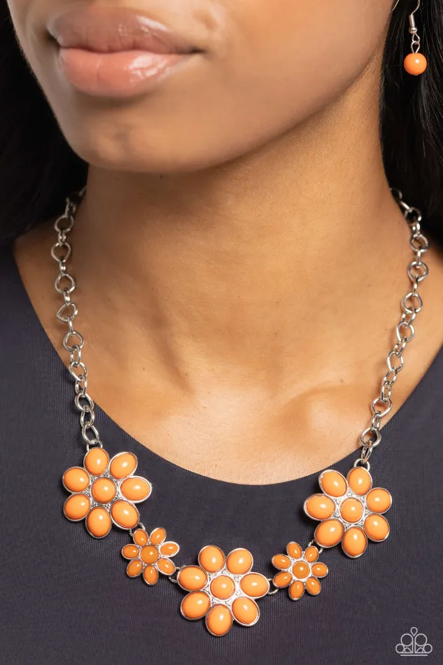 Flamboyantly Flowering Orange Bead Flower Silver Short Necklace Paparazzi Paparazzi Accessories Necklaces