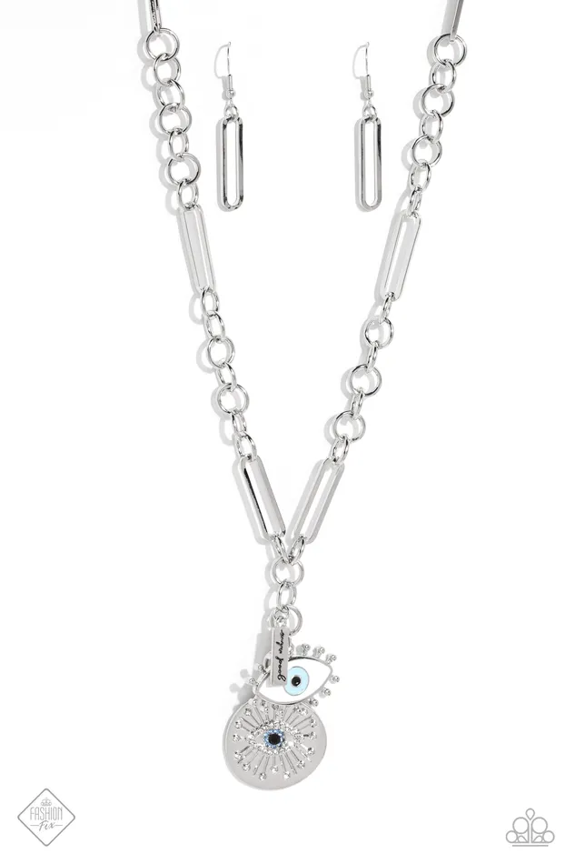 Friday Night VIBES Blue Eye Silver Paperclip Necklace Paparazzi Fashion Fix March 2023 Paparazzi Accessories Necklaces