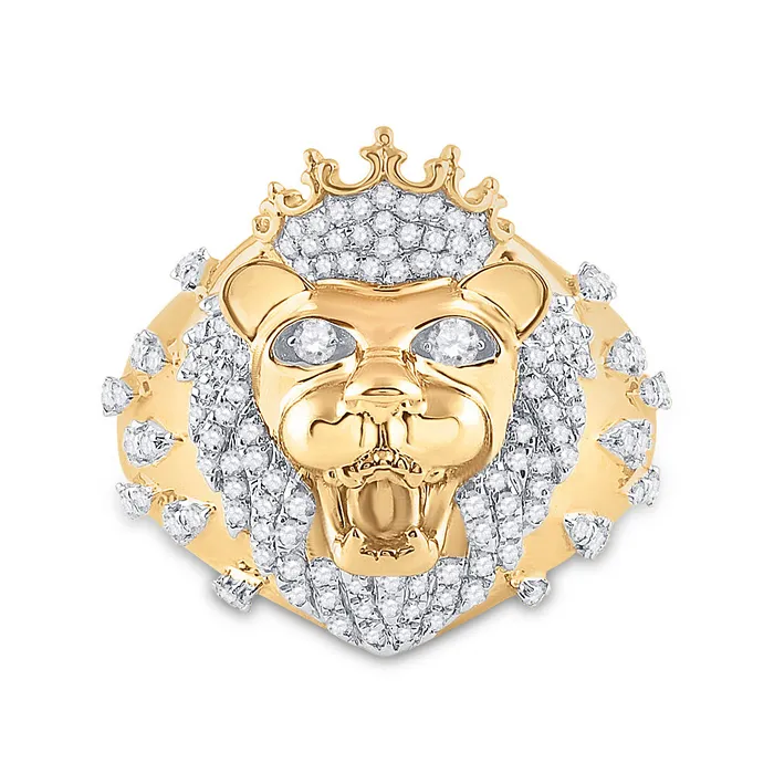 Gold Lion Head Crown Animal Ring 78 Cttw Round Natural Diamond Mens 977 grams GND Rings