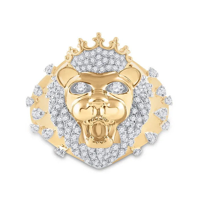 Gold Lion Head Crown Animal Ring 78 Cttw Round Natural Diamond Mens 977 grams GND Rings