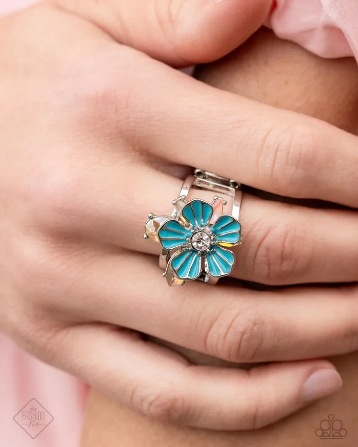 Hamptons Holiday Blue Flower Pink Gem Silver Ring Paparazzi Fashion Fix June 2024 Paparazzi Accessories Rings
