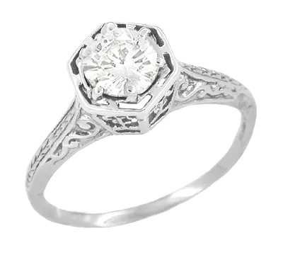 Hexagon Art Deco White Sapphire Filigree Engagement Ring in 14K White Gold Antique Jewelry Mall Rings Hexagon Art Deco White Sapphire Filigree Engagement Ring in 14K White Gold Antique Jewelry Mall Rings