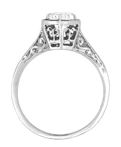 Hexagon Art Deco White Sapphire Filigree Engagement Ring in 14K White Gold Antique Jewelry Mall Rings Hexagon Art Deco White Sapphire Filigree Engagement Ring in 14K White Gold Antique Jewelry Mall Rings