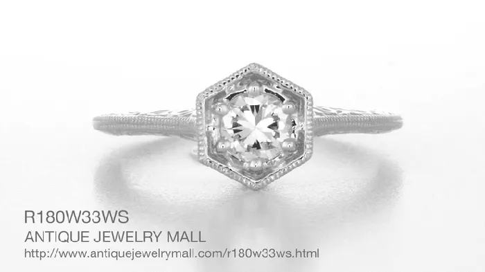 Hexagon Art Deco White Sapphire Filigree Engagement Ring in 14K White Gold Antique Jewelry Mall Rings Hexagon Art Deco White Sapphire Filigree Engagement Ring in 14K White Gold Antique Jewelry Mall Rings