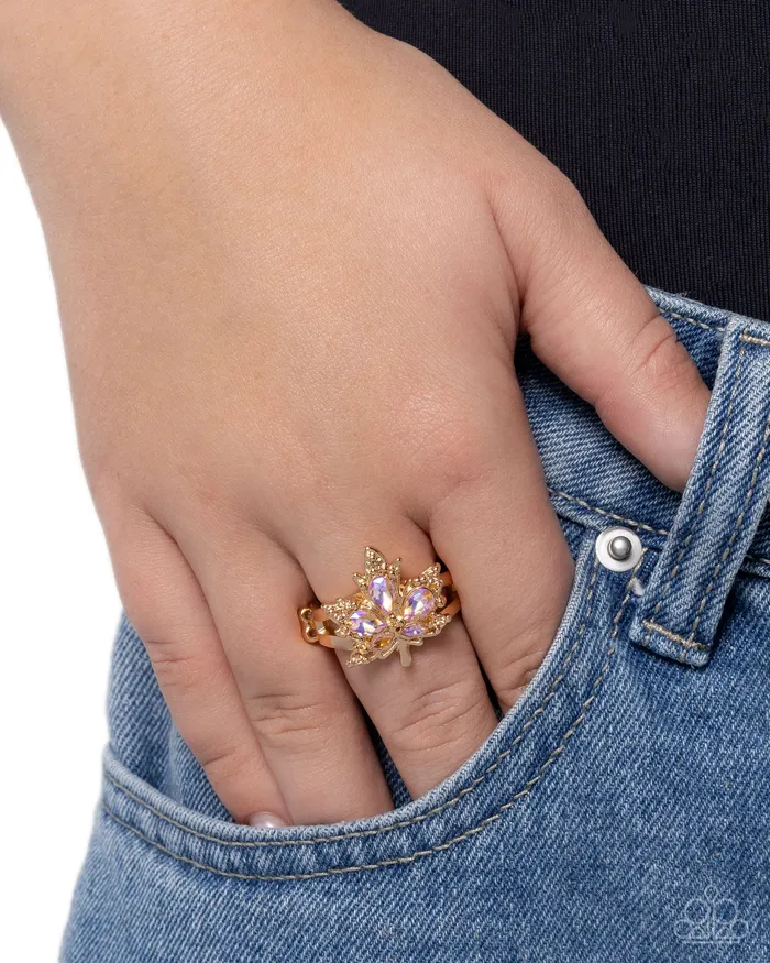 Im An Autumn Orange Iridescent Rhinestone Gold Leaf Ring Paparazzi Paparazzi Accessories Rings