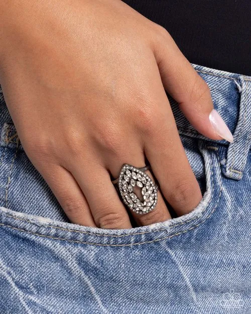 Lasting Luminescence Black Gunmetal White Rhinestone Ring Paparazzi Paparazzi Accessories Rings