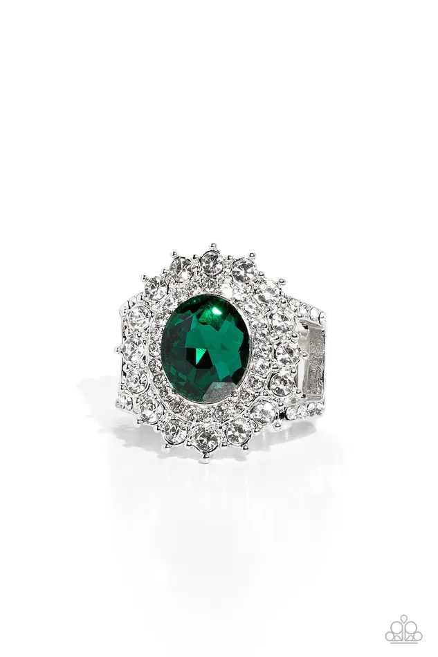 Layered Luminescence Green Gem White Rhinestone Silver Ring Paparazzi Paparazzi Accessories Rings