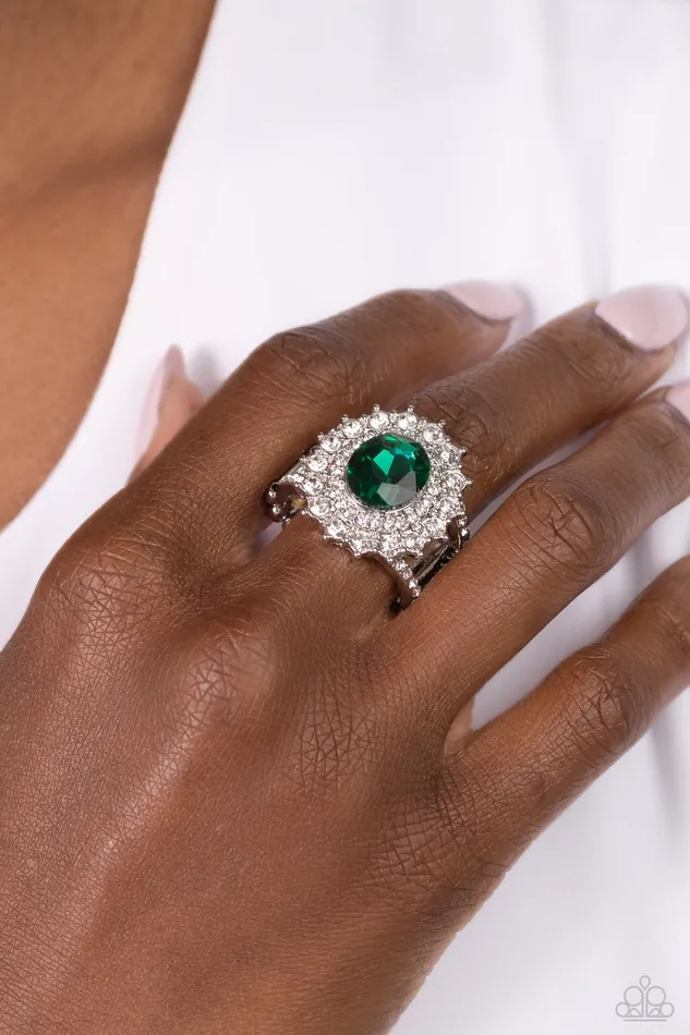 Layered Luminescence Green Gem White Rhinestone Silver Ring Paparazzi Paparazzi Accessories Rings