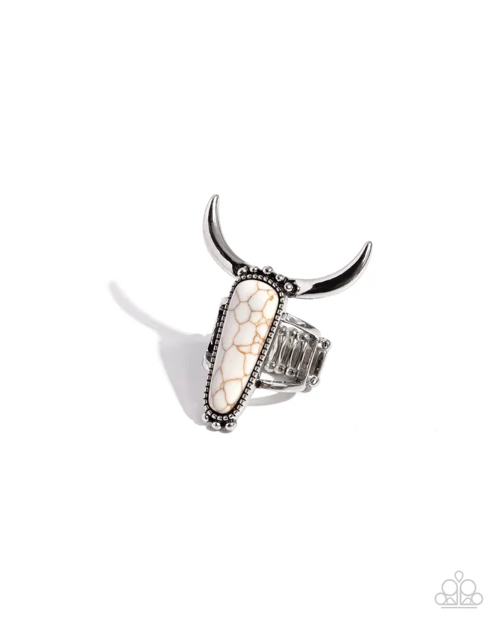 Longhorn Luxe White Stone Silver Cow Horn Western Ring Paparazzi Paparazzi Accessories Rings Longhorn Luxe White Stone Silver Cow Horn Western Ring Paparazzi Paparazzi Accessories Rings