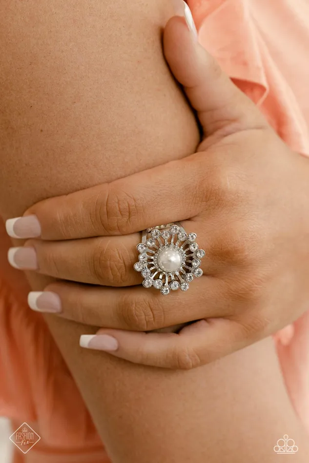 Maypole Dance White Pearl Silver Ring Paparazzi Fashion Fix April 2023 Paparazzi Accessories Rings
