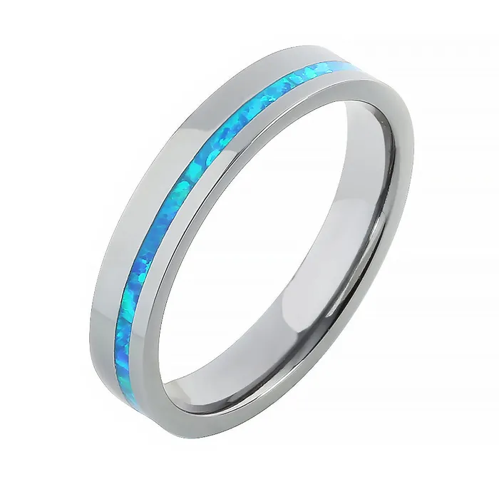 Nakoa Jeweler Rings Tantalum with Blue Opal Inlaid Wedding Ring Flat 4mm