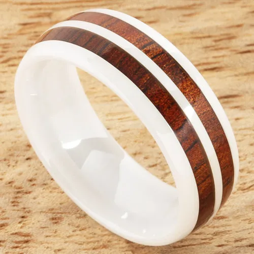 Nakoa Rings 8mm Natural Hawaiian Koa Wood Inlaid High Tech White Ceramic Double Row Wedding Ring Nakoa Rings 8mm Natural Hawaiian Koa Wood Inlaid High Tech White Ceramic Double Row Wedding Ring