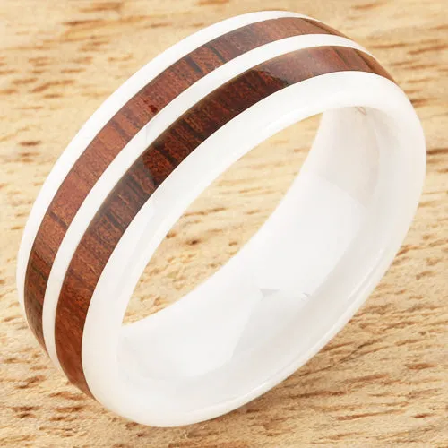 Nakoa Rings 8mm Natural Hawaiian Koa Wood Inlaid High Tech White Ceramic Double Row Wedding Ring