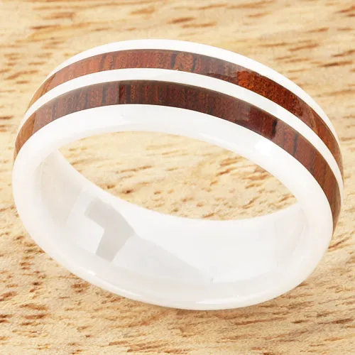 Nakoa Rings 8mm Natural Hawaiian Koa Wood Inlaid High Tech White Ceramic Double Row Wedding Ring