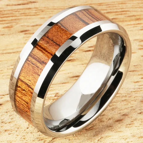 Nakoa Rings 8mm Natural Hawaiian Koa Wood Inlaid Tungsten Beveled Edge Wedding Ring