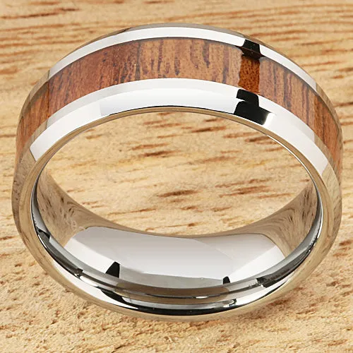 Nakoa Rings 8mm Natural Hawaiian Koa Wood Inlaid Tungsten Beveled Edge Wedding Ring