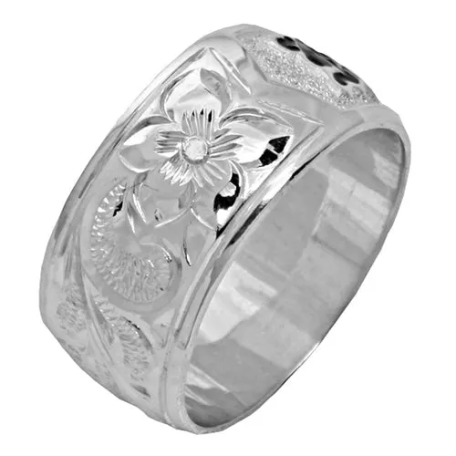 Nakoa Rings Sterling Silver CustomMade Plumeria Queen Scroll Black Enamel Raise Letter Ring Heavy 175