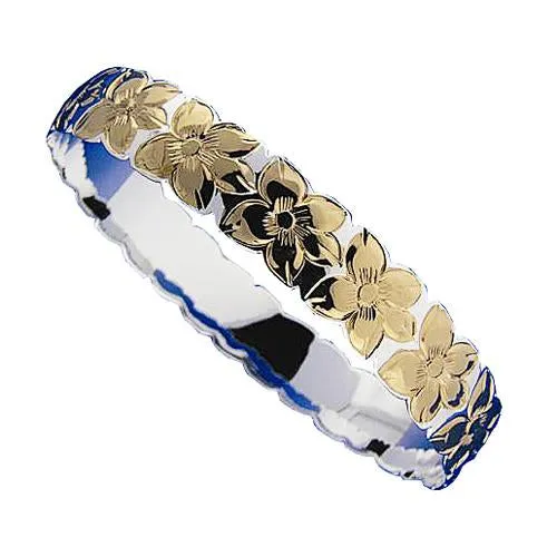 Nakoa Rings Sterling Silver Hawaiian Jewelry Plumeria Engraved Bangle Two Tone Yellow Gold Nakoa Rings Sterling Silver Hawaiian Jewelry Plumeria Engraved Bangle Two Tone Yellow Gold