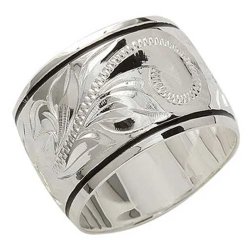 Nakoa Sterling Silver Hawaiian Scroll with Black Border Ring 15mm Rings
