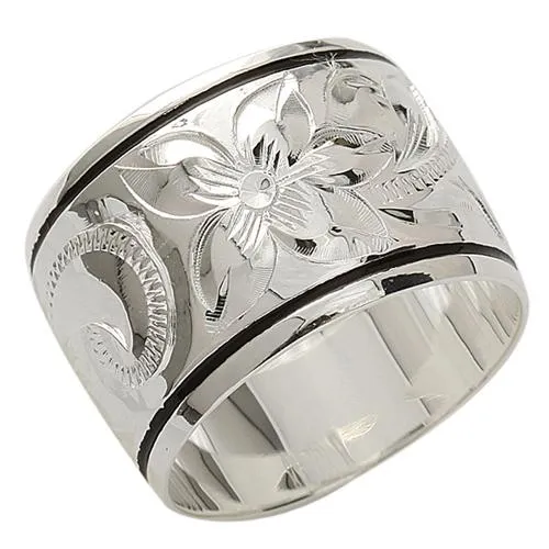 Nakoa Sterling Silver Hawaiian Scroll with Black Border Ring 15mm Rings
