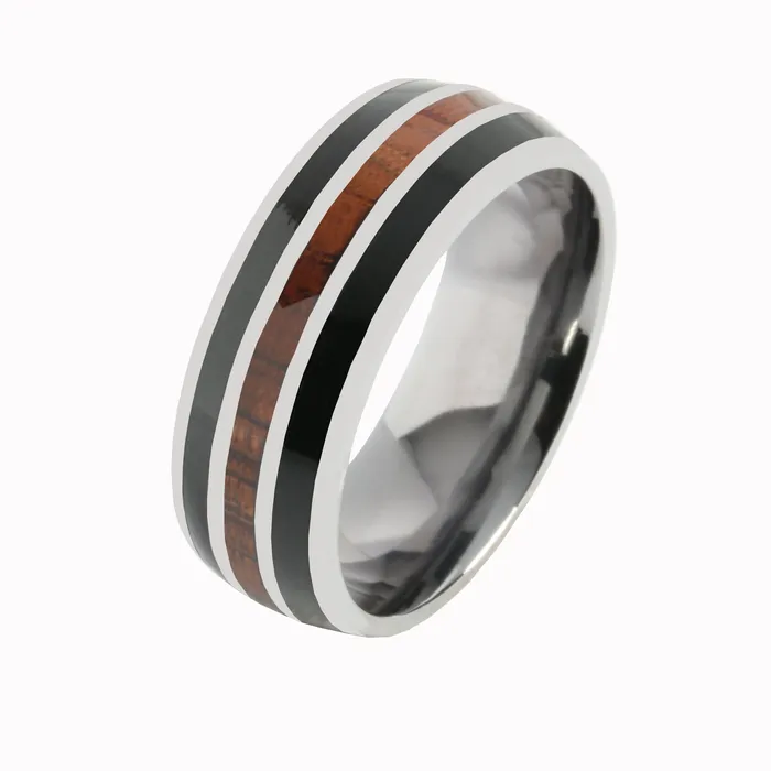 Nakoa Tantalum with Onyx and Koa Wood Inlaid Wedding Ring Barrel 8mm Rings Nakoa Tantalum with Onyx and Koa Wood Inlaid Wedding Ring Barrel 8mm Rings