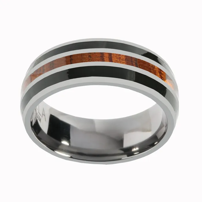 Nakoa Tantalum with Onyx and Koa Wood Inlaid Wedding Ring Barrel 8mm Rings