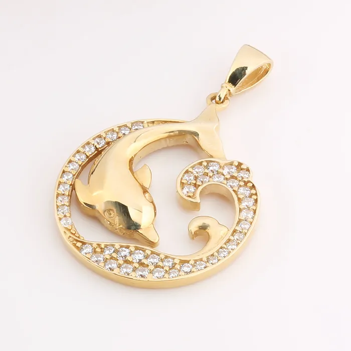 Necklaces 14K Solid Yellow Gold Island Pendant Diving Dolphin Wave Chain Sold Separately Nakoa