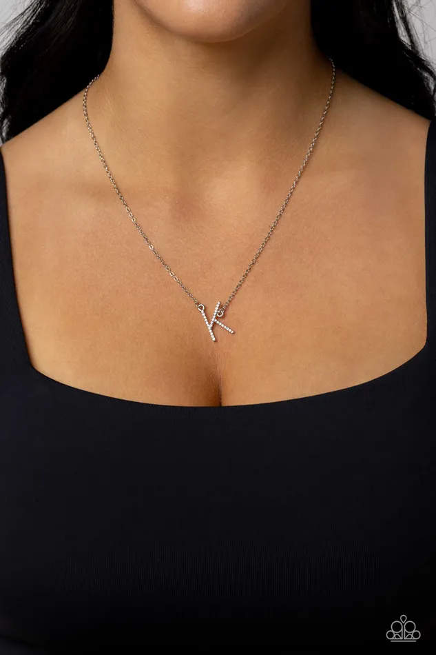 Necklaces INITIALLY Yours K White Rhinestone Letter Silver Short Necklace Paparazzi Paparazzi Accessories