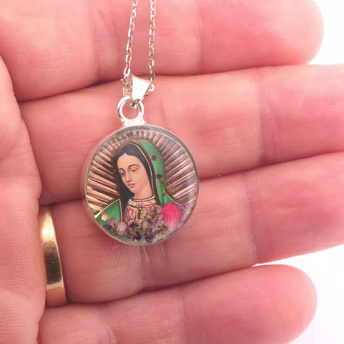 Necklaces MEXICO Our Lady of Guadalupe Mini Round Pendant w Pressed Flowers 18inch