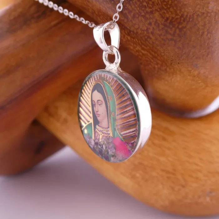 Necklaces MEXICO Our Lady of Guadalupe Mini Round Pendant w Pressed Flowers 18inch