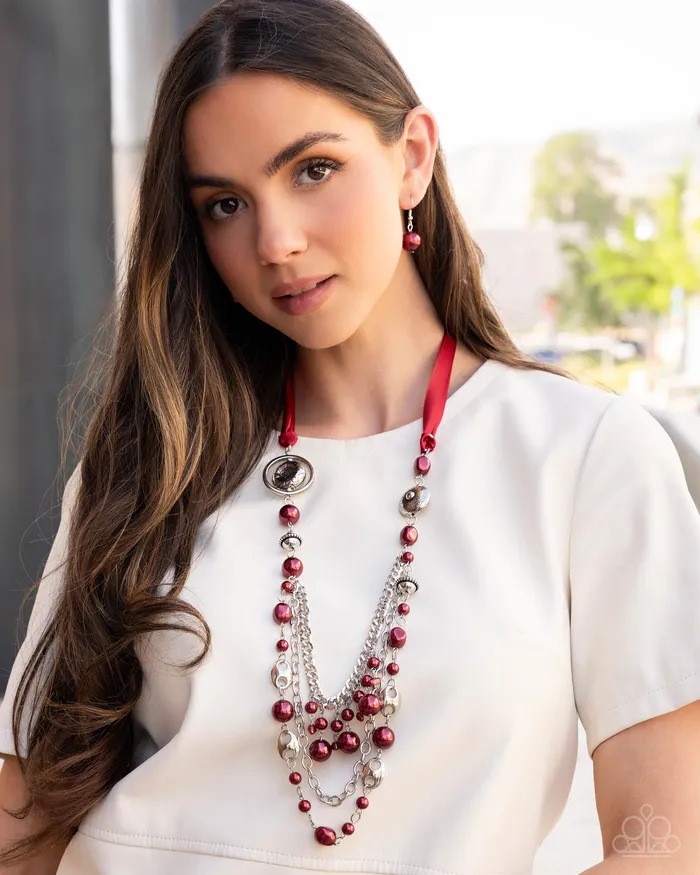 Necklaces Paparazzi Accessories All the Trimmings Red Ribbon Silver Long Necklace 2024 Blockbuster Exclusive Paparazzi