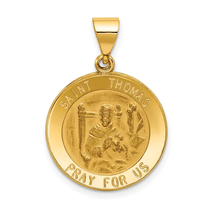 Necklaces Qgold 14k Yellow Gold 20 mm Polished and Satin St Thomas Medal Hollow Pendant 13 grams