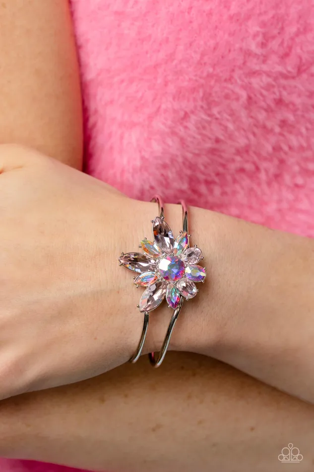 Paparazzi Accessories Bracelets Chic Corsage Multi Iridescent and Pink Gem Flower Silver Hinged Bracelet Paparazzi Life of the Party February 2023