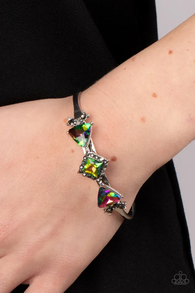 Paparazzi Accessories Bracelets Strategic Sparkle Multi Oil Spill Hematite Rhinestone Silver Cuff Bracelet Paparazzi